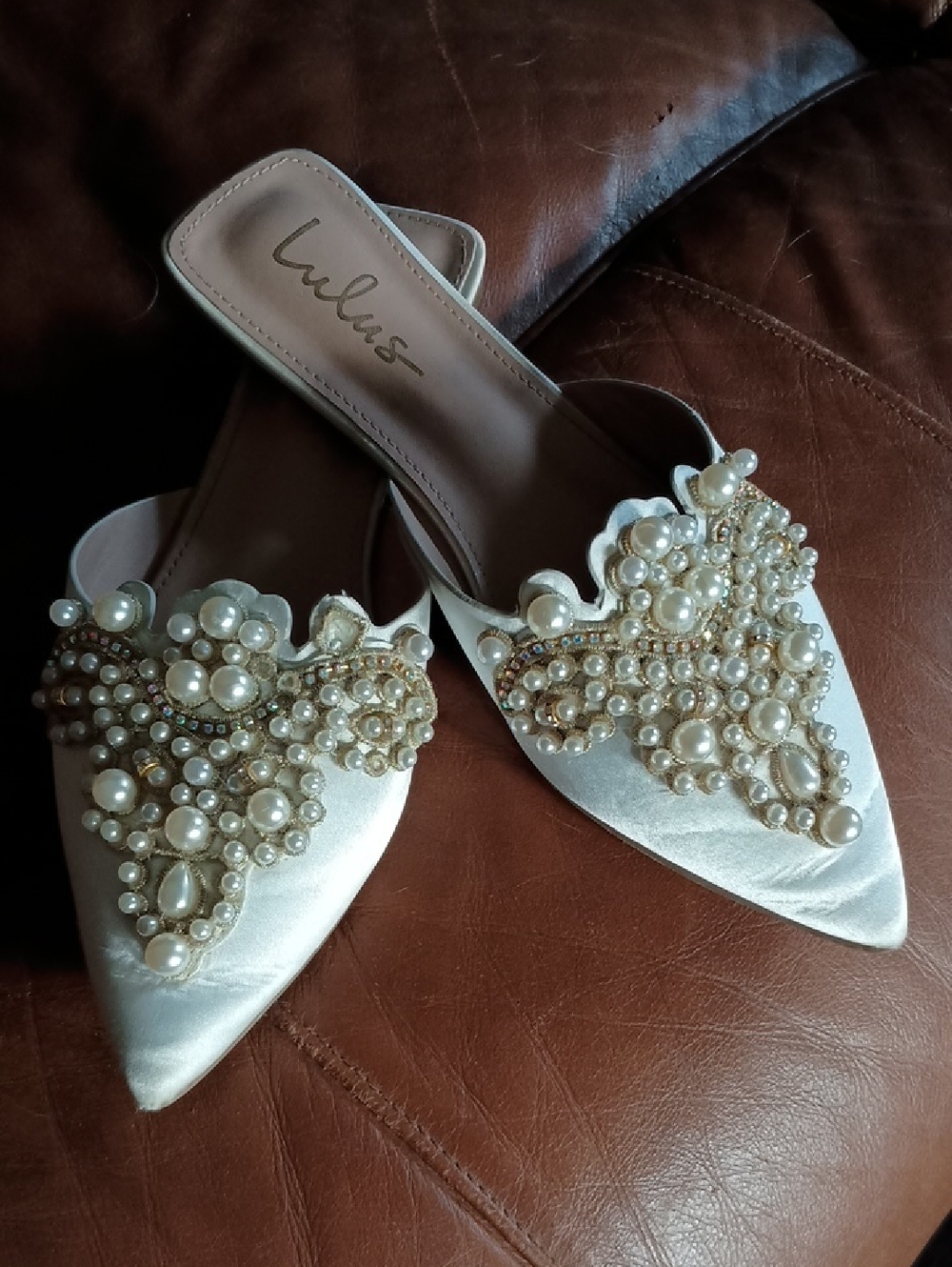 Lulu's Ivory Satin Pearl-Embellished Pointed Mules